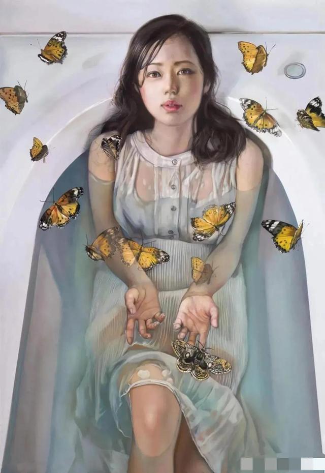 日本画家大野真本的水中少女，含情脉脉与你温情的对视