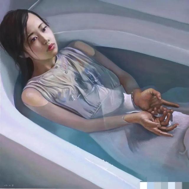 日本画家大野真本的水中少女，含情脉脉与你温情的对视